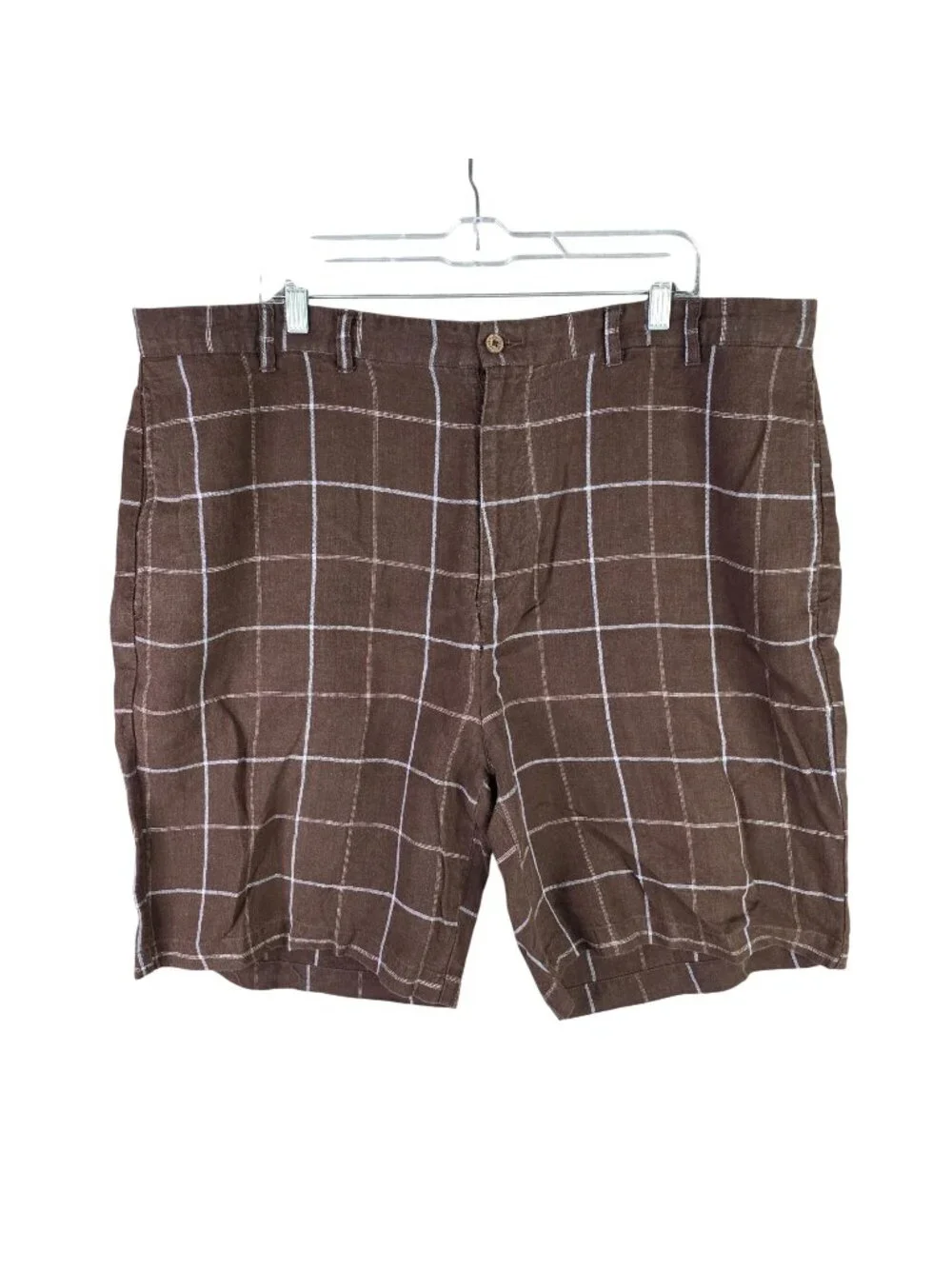 Mens Caribbean Joe Brown & White Plaid Linen Shorts 10.5